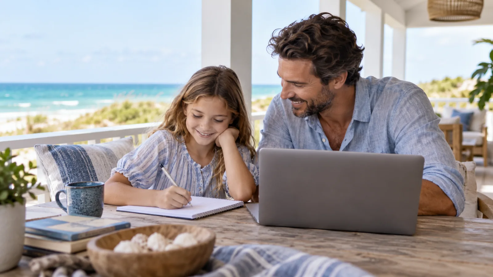A child and parent studying on a beach house veranda