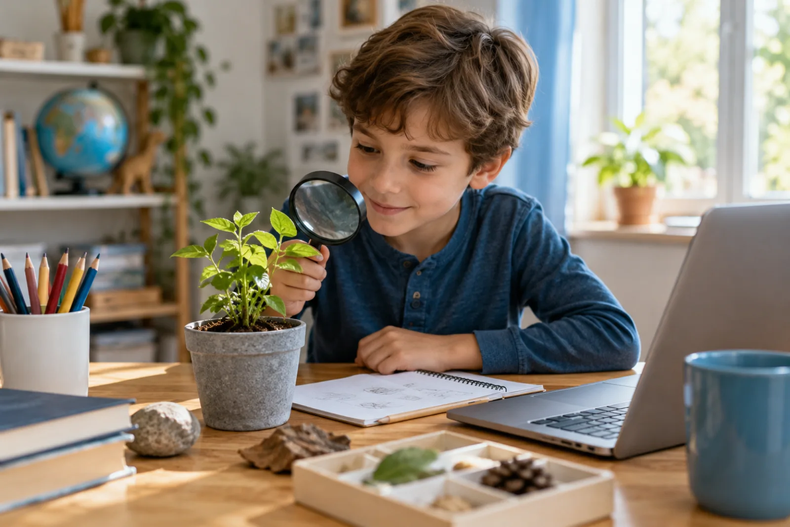 A child exploring a hands-on learning activity beside an open notebook