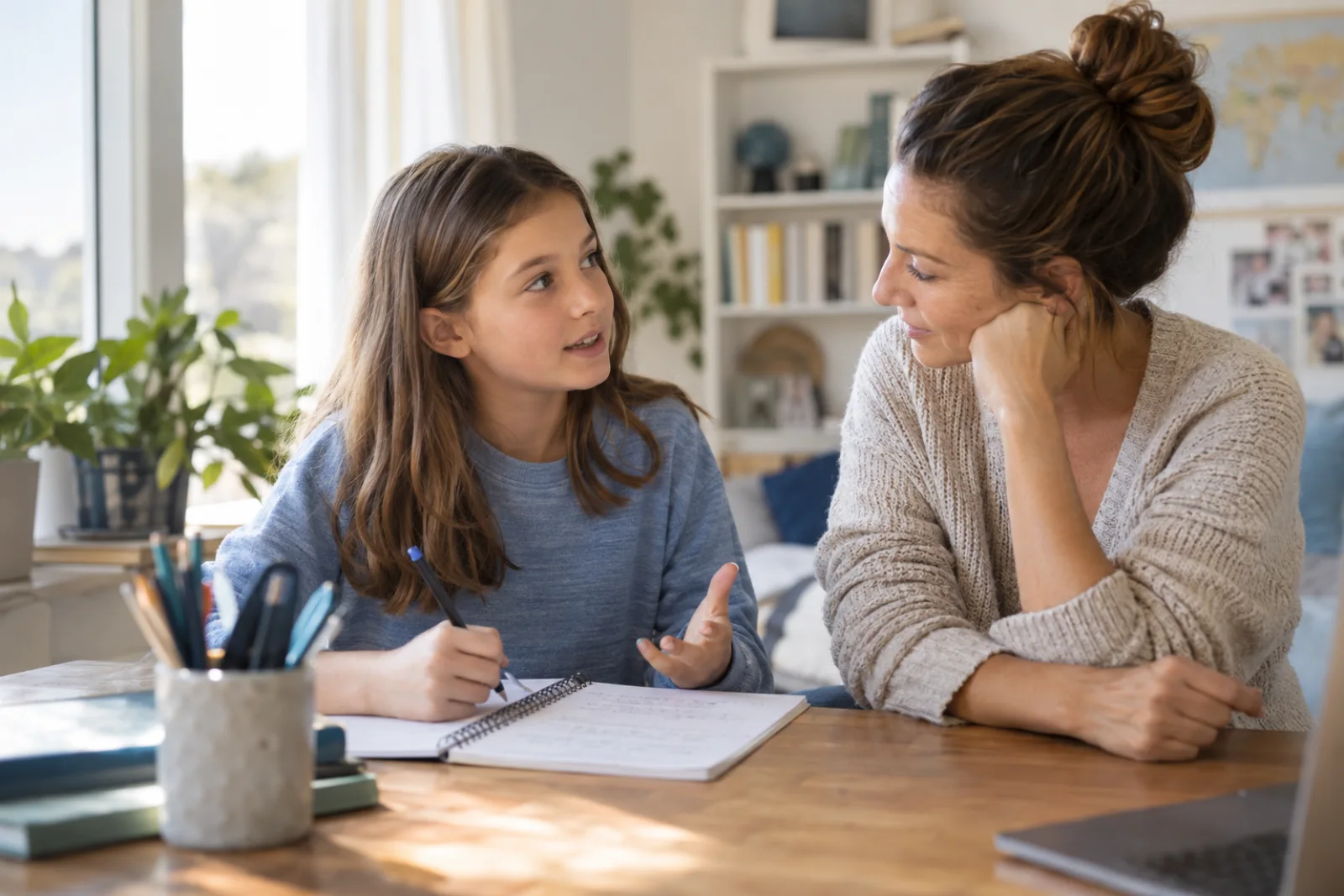 A parent and child talking about a learning activity at home