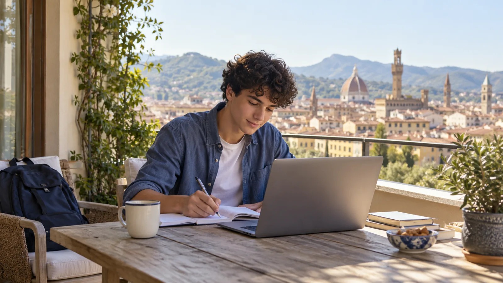 A teenager studying on a balcony overlooking a city