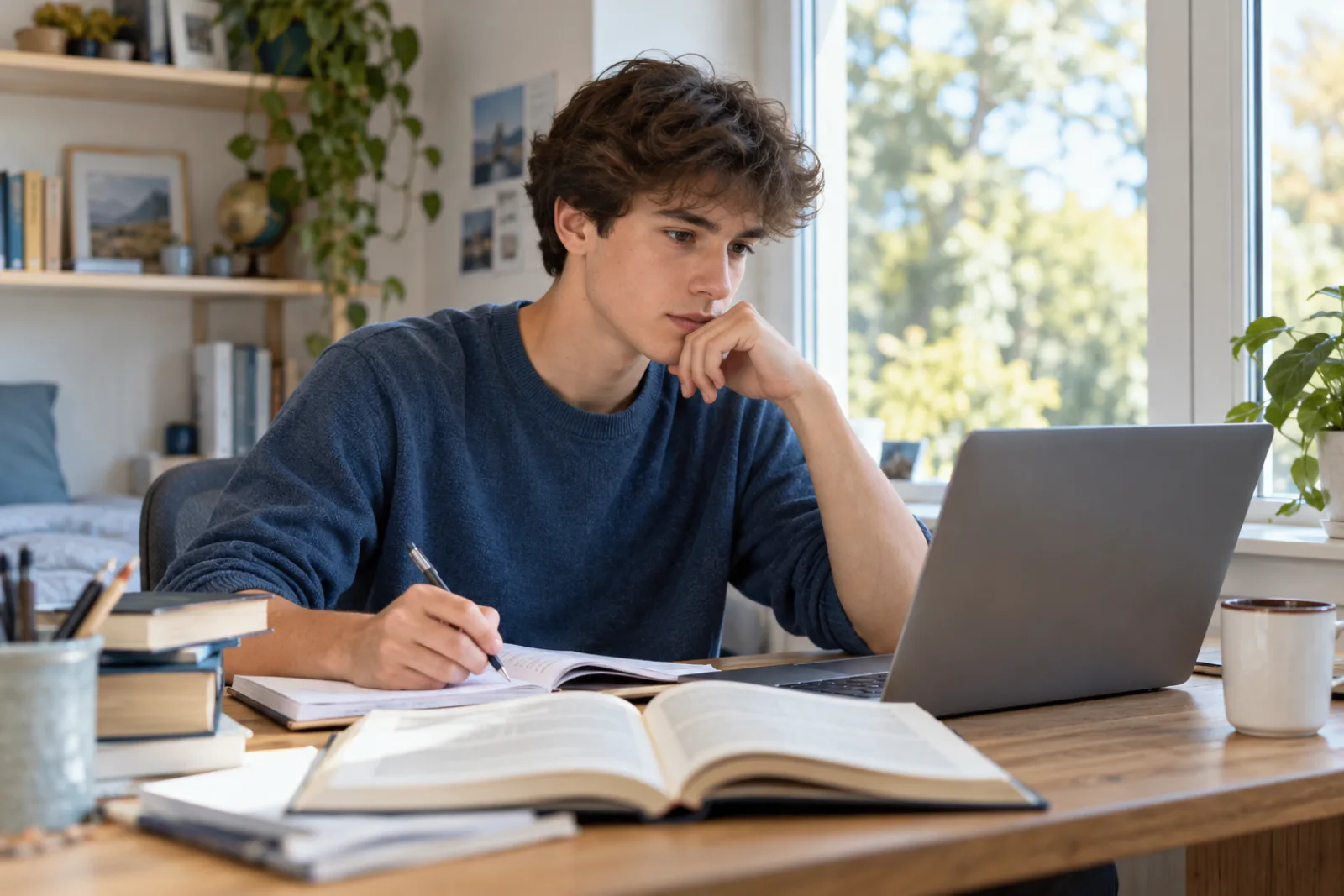 High School learner working on an activity at a bright home desk