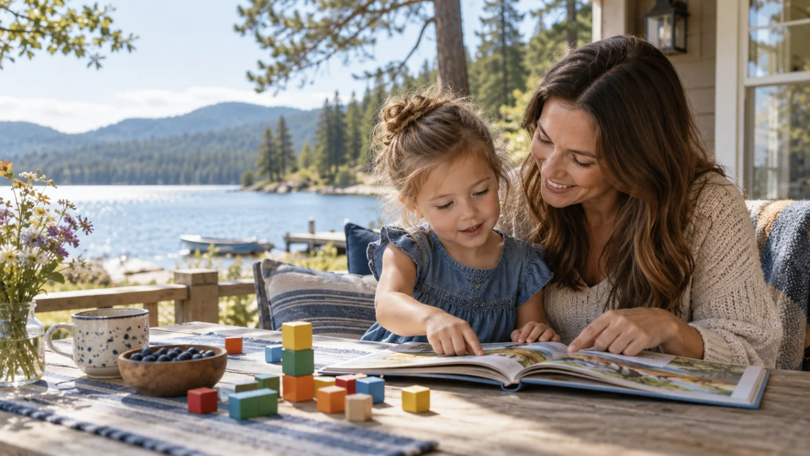 A parent and young child sharing a picture book on a lakeside porch