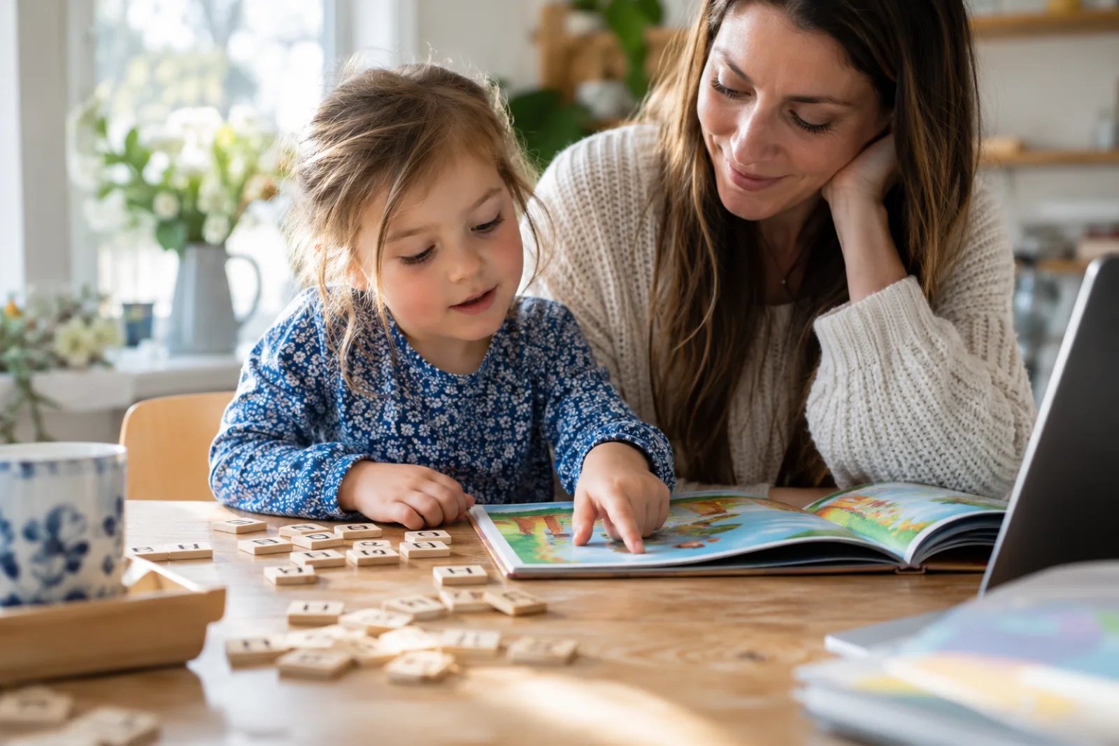 Kindergarten learner working on an activity at a bright home desk