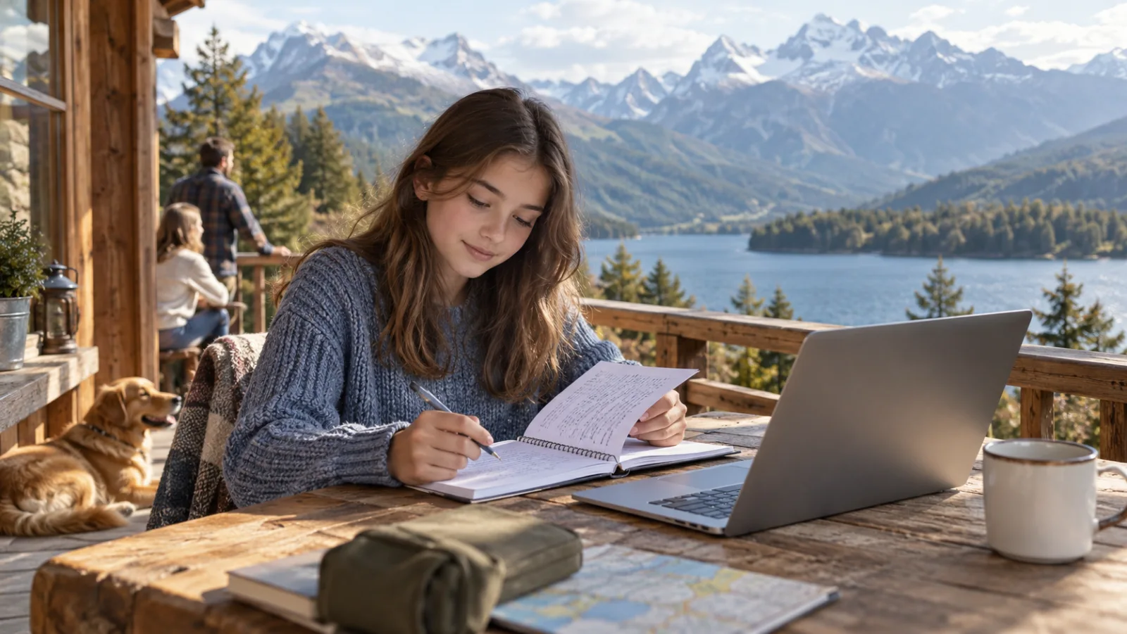 A teenager studying on a terrace overlooking an alpine lake