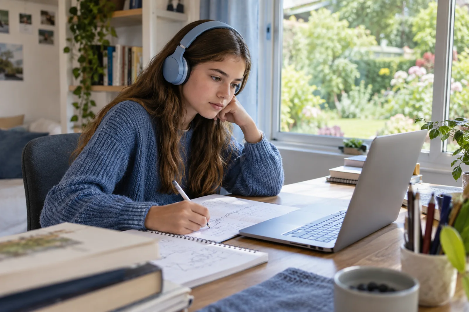 Middle School learner working on an activity at a bright home desk