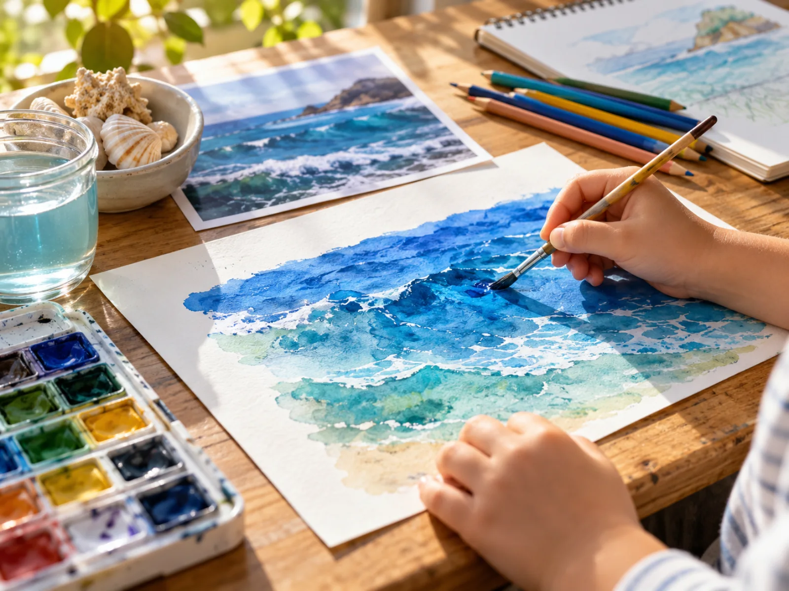 Watercolor painting and pencils during a creative activity