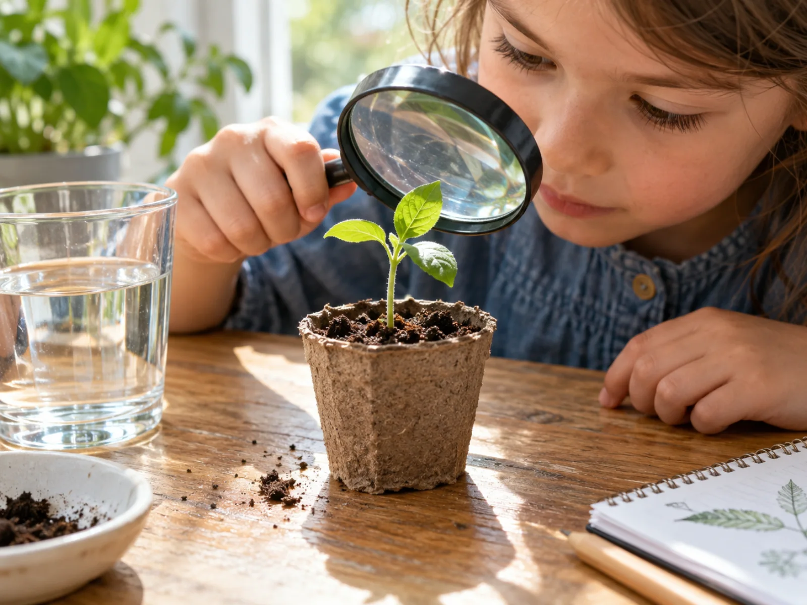 A seedling and magnifying glass for a science investigation