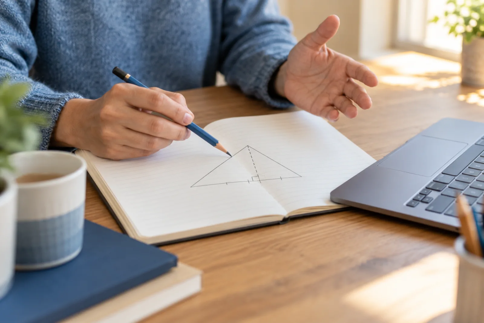 A close-up of an educator explaining an idea in an open notebook